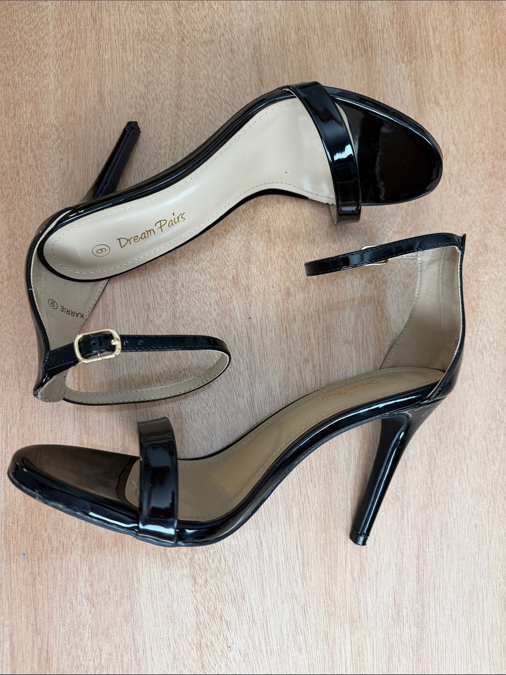 Dream Pairs Black Patent Ankle-Strap Stilettos with Gold Buckle